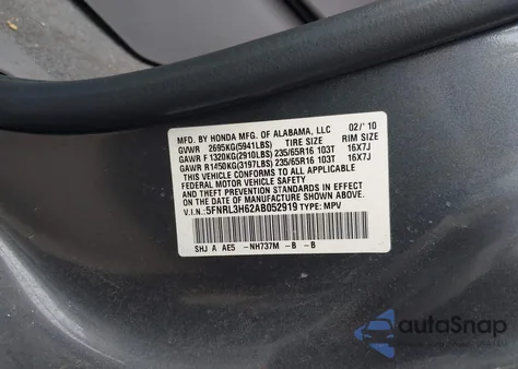 2010 Honda Odyssey Ex-L z USA, uszkodzony, nr VIN 5FNRL3H62AB052919